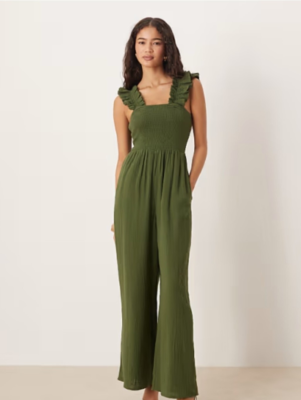 Olive Green Smocked Wide-Leg Jumpsuit